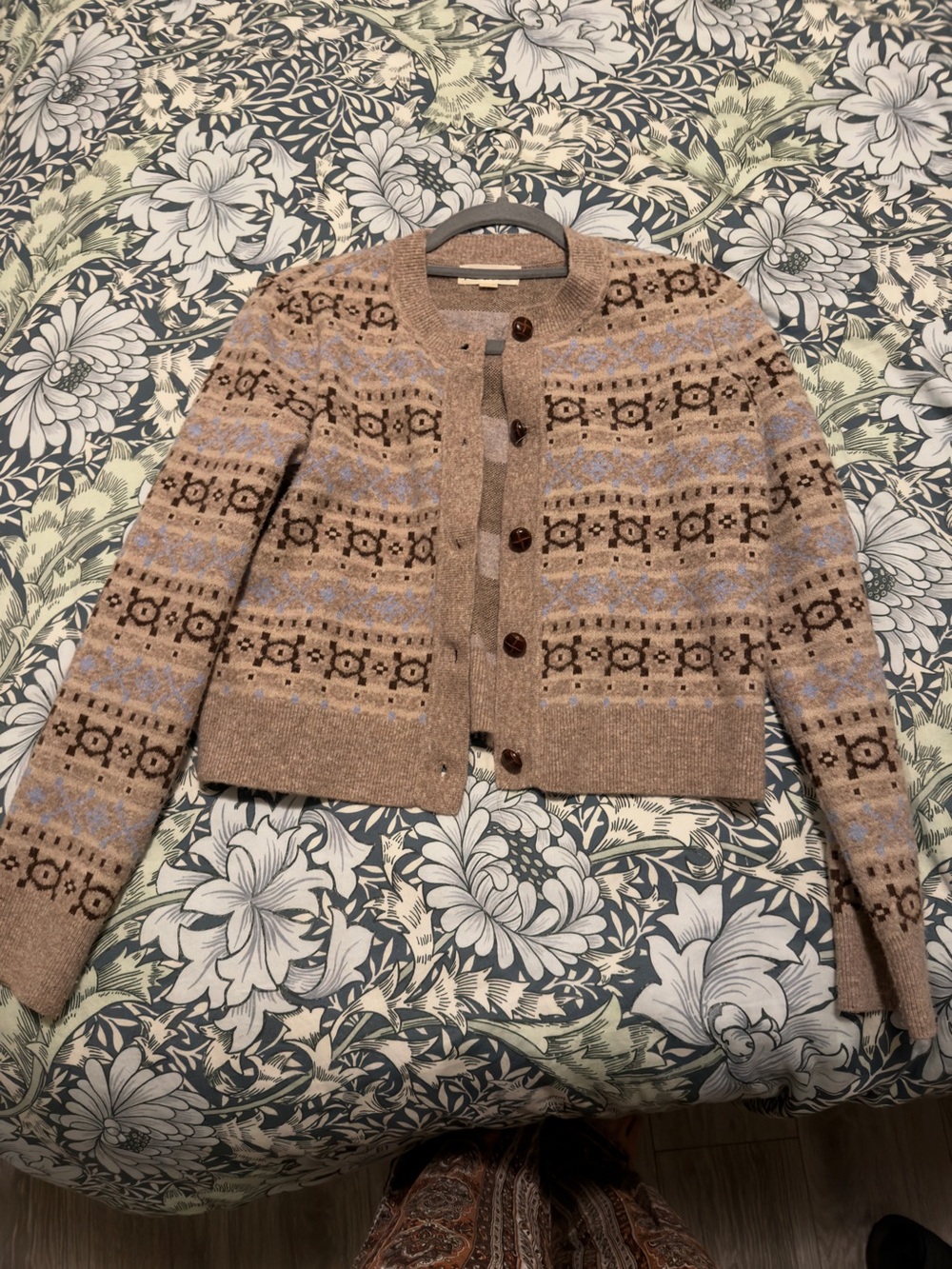 Marled Beige and Lavender Patterned Button-Up Cardigan